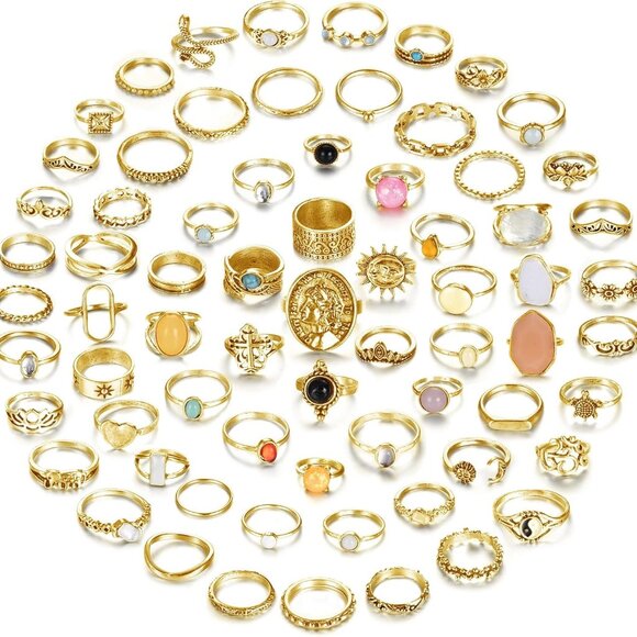 Vintage Crystal Ring Set 70 Pcs Boho Stackable Jewelry for Women - Picture 1 of 7